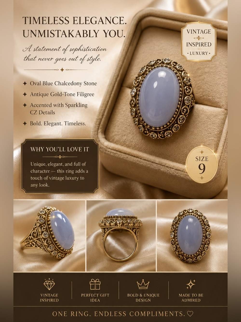 Elegant sterling silver Gold overlay and beautiful Stone Ring size 9